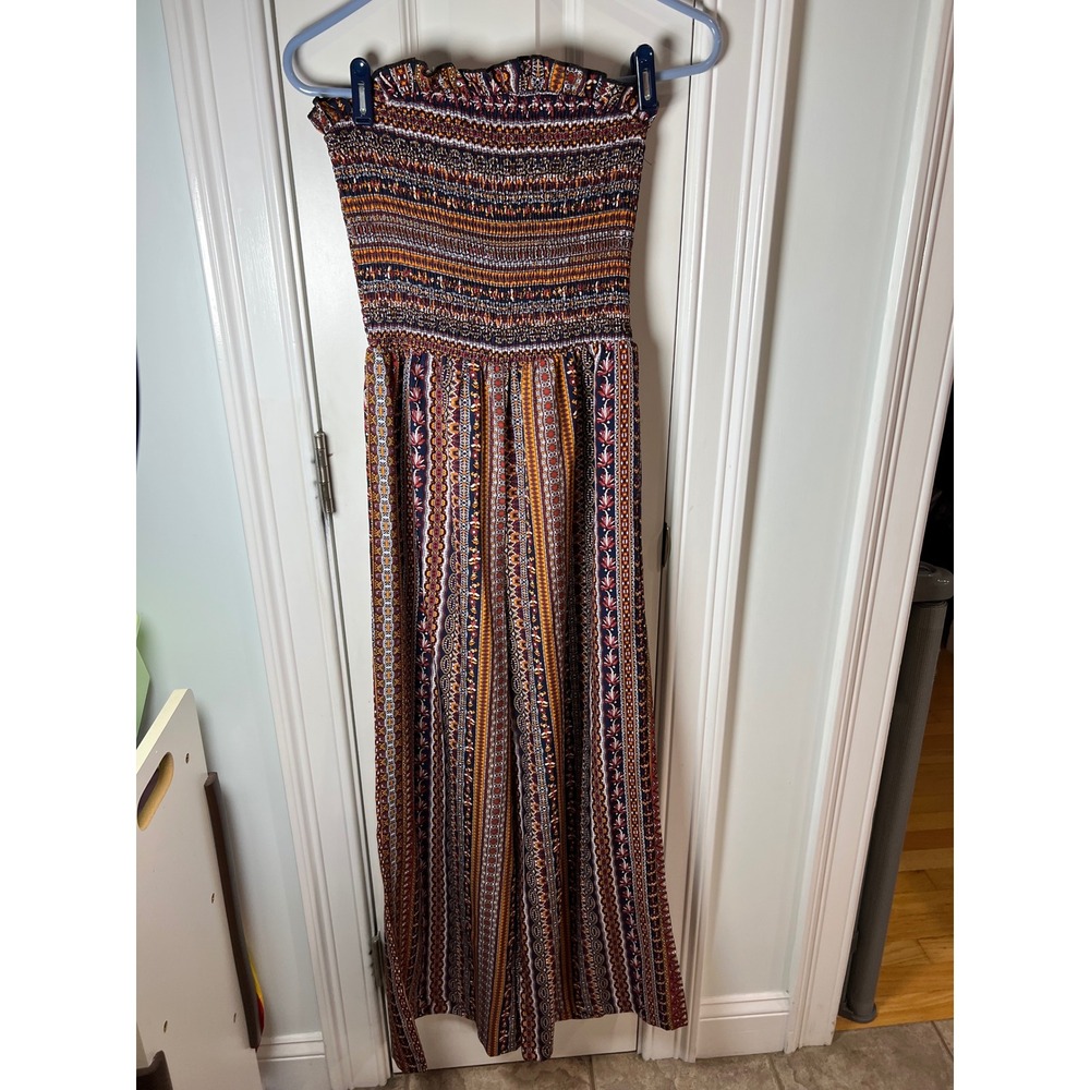 SHEIN Womens Boho Smocked Strapless Wide Leg Jumpsuit Paisley Print Size M 6